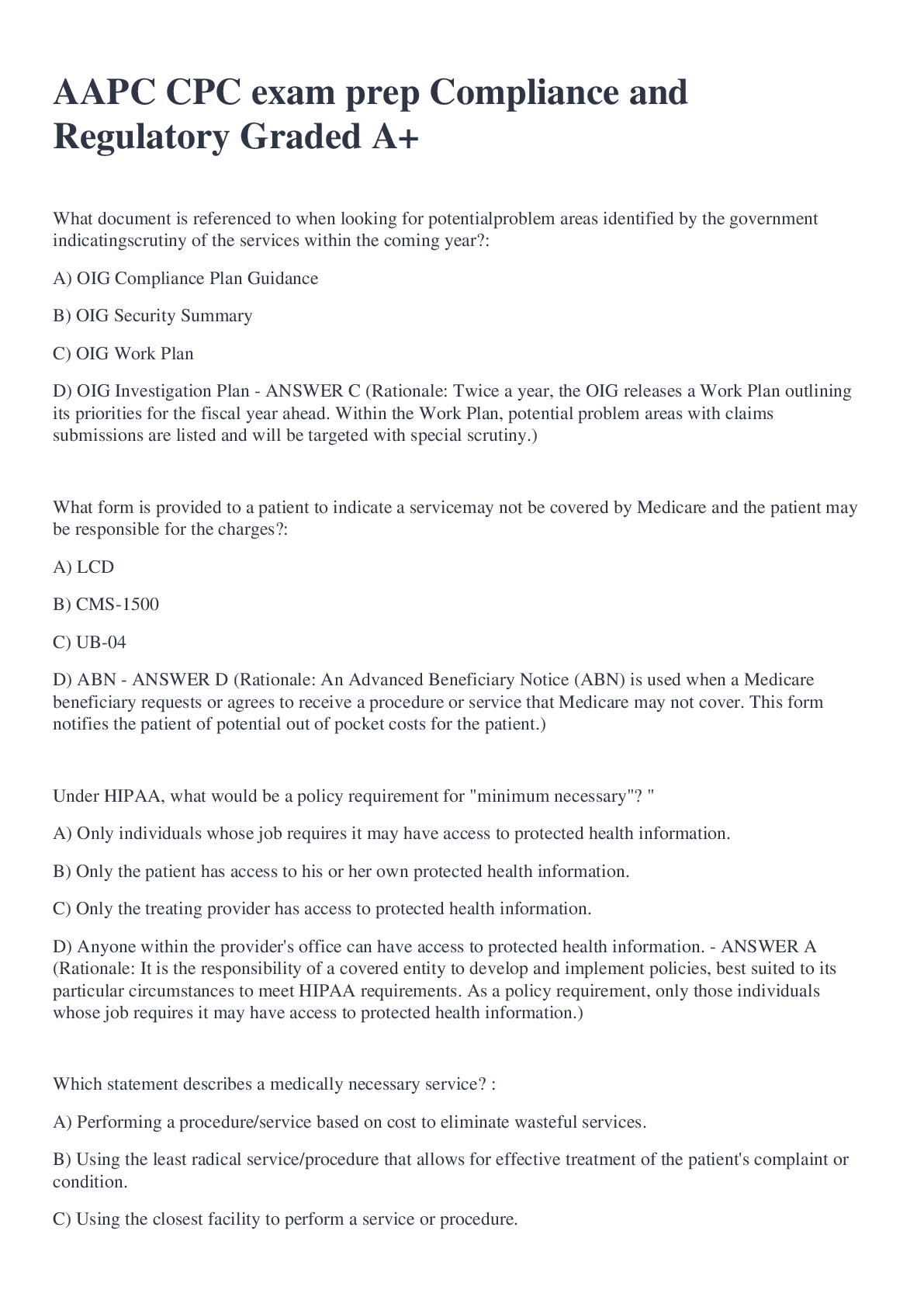 Preview image for AAPC CPC exam prep Compliance and Regulatory Graded A+